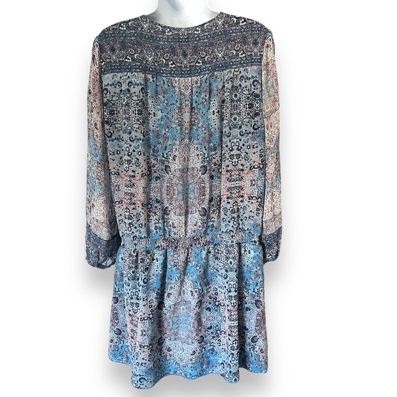 Joie Aidee Blue Printed Silk Chiffon Long Sleeve Mini Dress Large - Picture 6 of 9